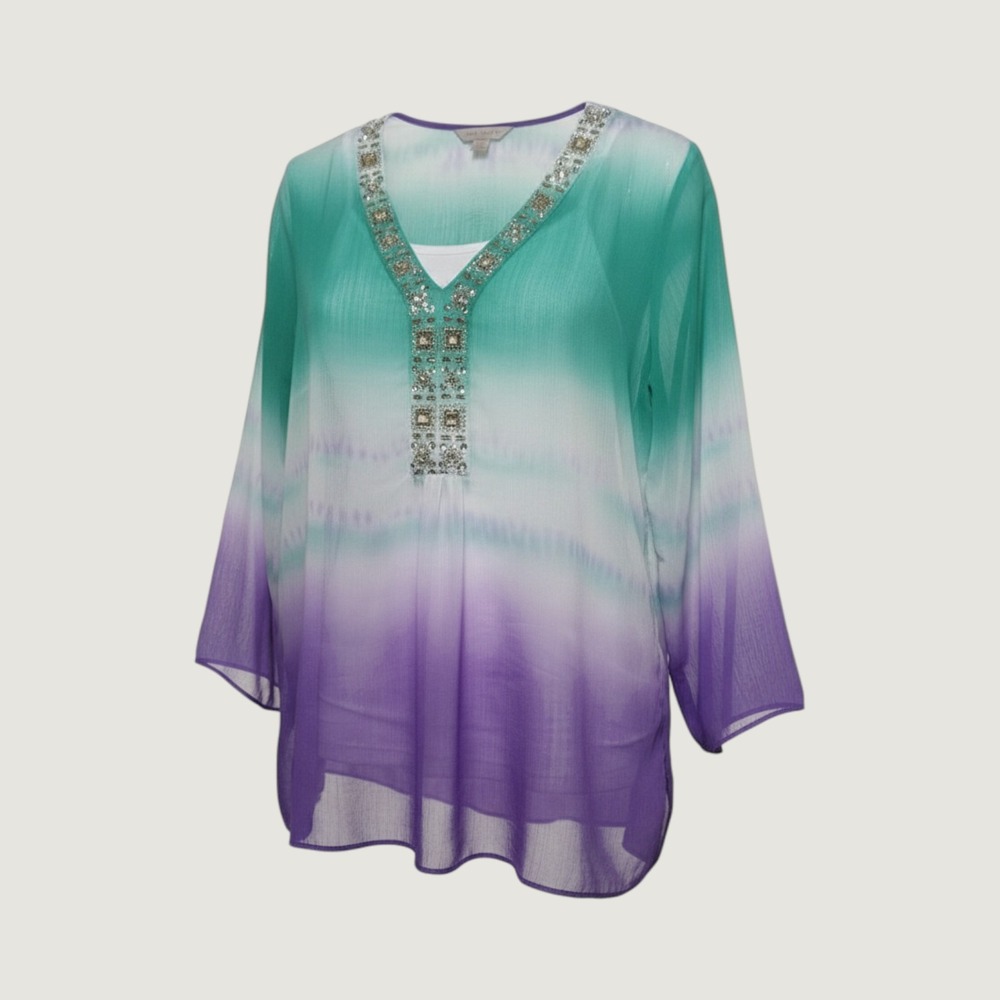 Laura Ashley Women Teal Purple Ombre Sequin Embellished V-Neck Tunic Top Large